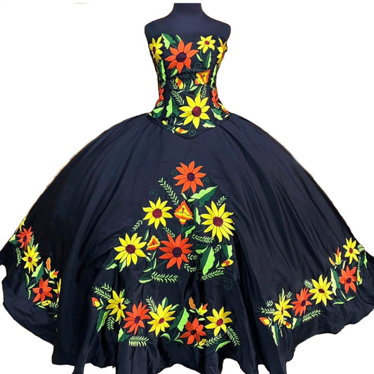 Folkloric Custom Made Dress - Yellow and Orange Floral Pattern Black