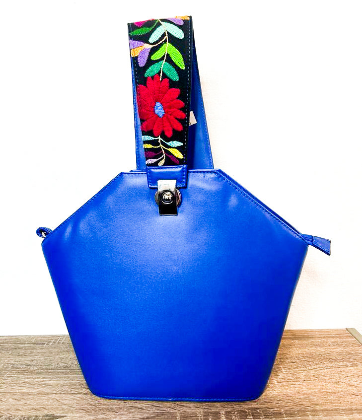 Blue Handbag with Floral Strap