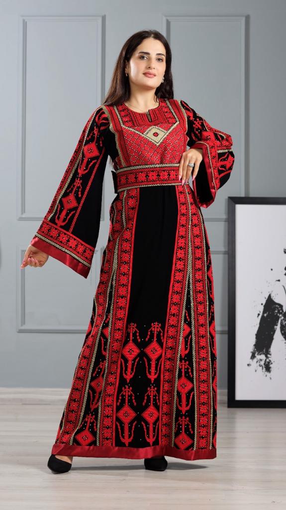 Traditional Palestinian Dress with Vibrant Red Embroidery