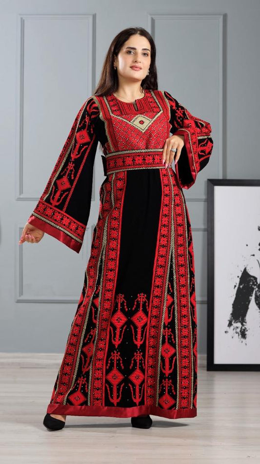 Traditional Palestinian Dress with Vibrant Red Embroidery