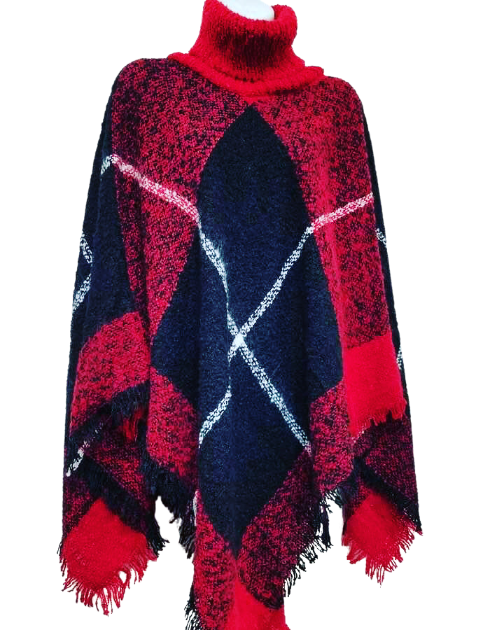Mock neck plaid knit poncho