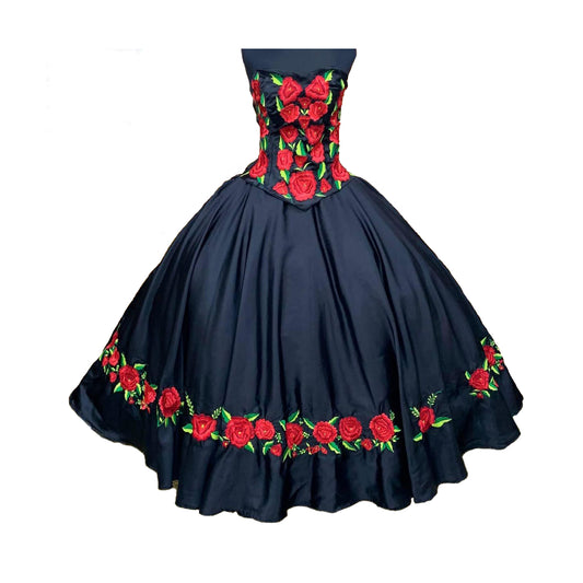 Folkloric Custom Made Dress - Red Floral Pattern Black