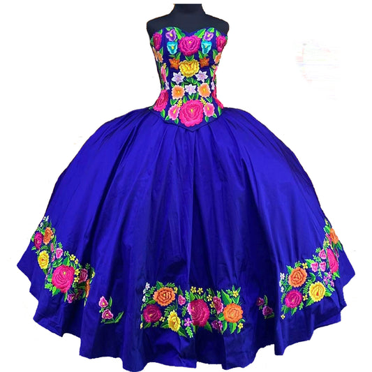 Folkloric Custom Made Dress - Floral Pattern Blue
