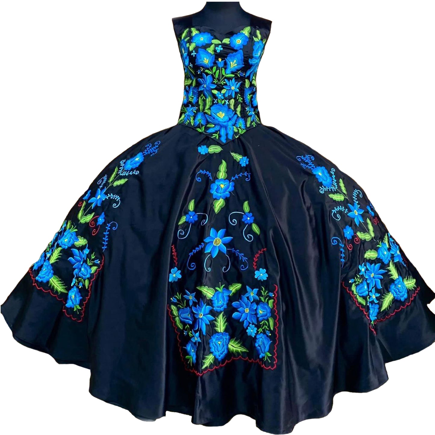Folkloric Custom Made Dress - Blue Floral Pattern Black