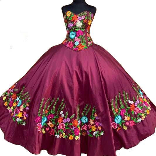 Folkloric Custom Made Dress - Floral Pattern Burgundy