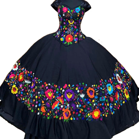Folkloric Custom Made Dress - Colorful Floral Pattern Black