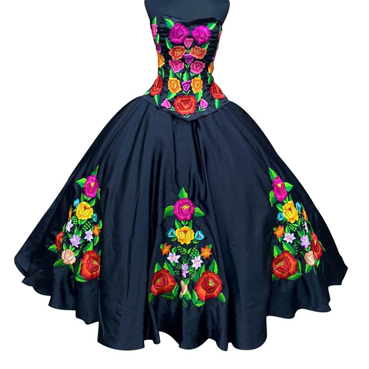 Folkloric Custom Made Dress - 3 Color Floral Pattern Black